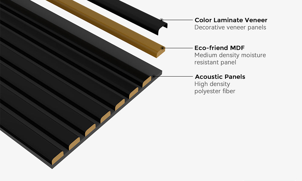 Illustration of acoustic slat wood wall panels in different color finishes, featuring soundproofing felt and a detailed structure for sustainable and stylish interior decor.