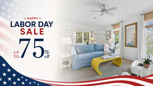 Albi silver ceiling fan with light installed in a bright coastal living room on a Happy Labor Day Sale up to 75% off promotion page banner 2026.