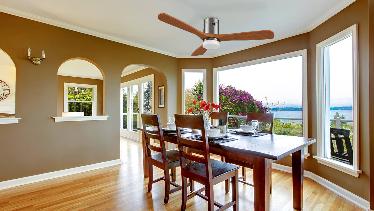 3-blade Low profile ceiling fan with smart and light, featuring with solid wood antique walnut and matching the dark wood furniture, Makes the living room look very rustic.