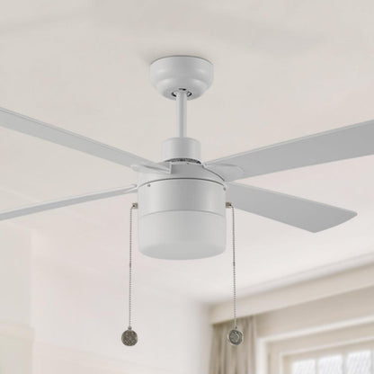 52 inch white indoor ceiling fan with LED light and pull chain, featuring with quiet DC motor in bedroom. 