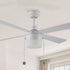 52 inch white indoor ceiling fan with LED light and pull chain, featuring with quiet DC motor in bedroom. 