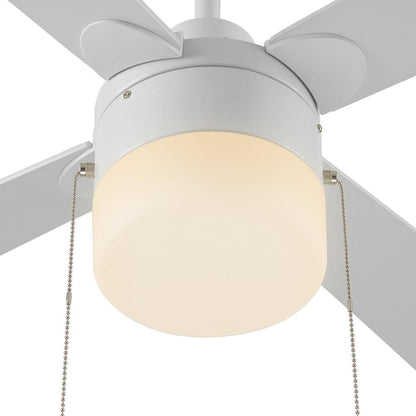 Closed-up of 52-inch white ceiling fan with light and pull chain. 