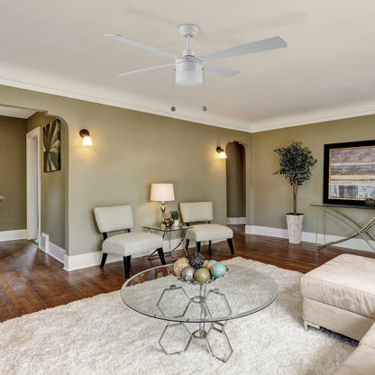 White ceiling fan with led light and pull chain in light-green modern living room. 