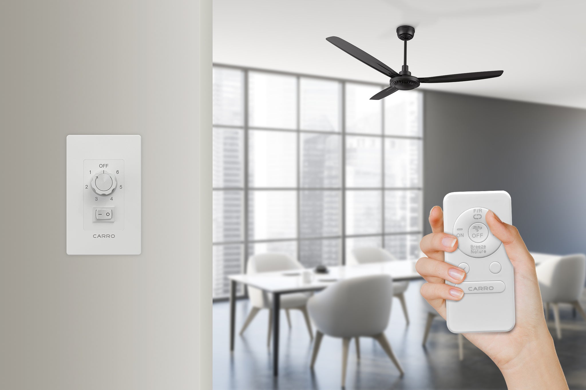 Alya black ceiling fan with 10-speed DC motor and remote wall switch control. Black 3-blade design, perfect for modern living room or dining area, offering efficient airflow and adjustable speeds.