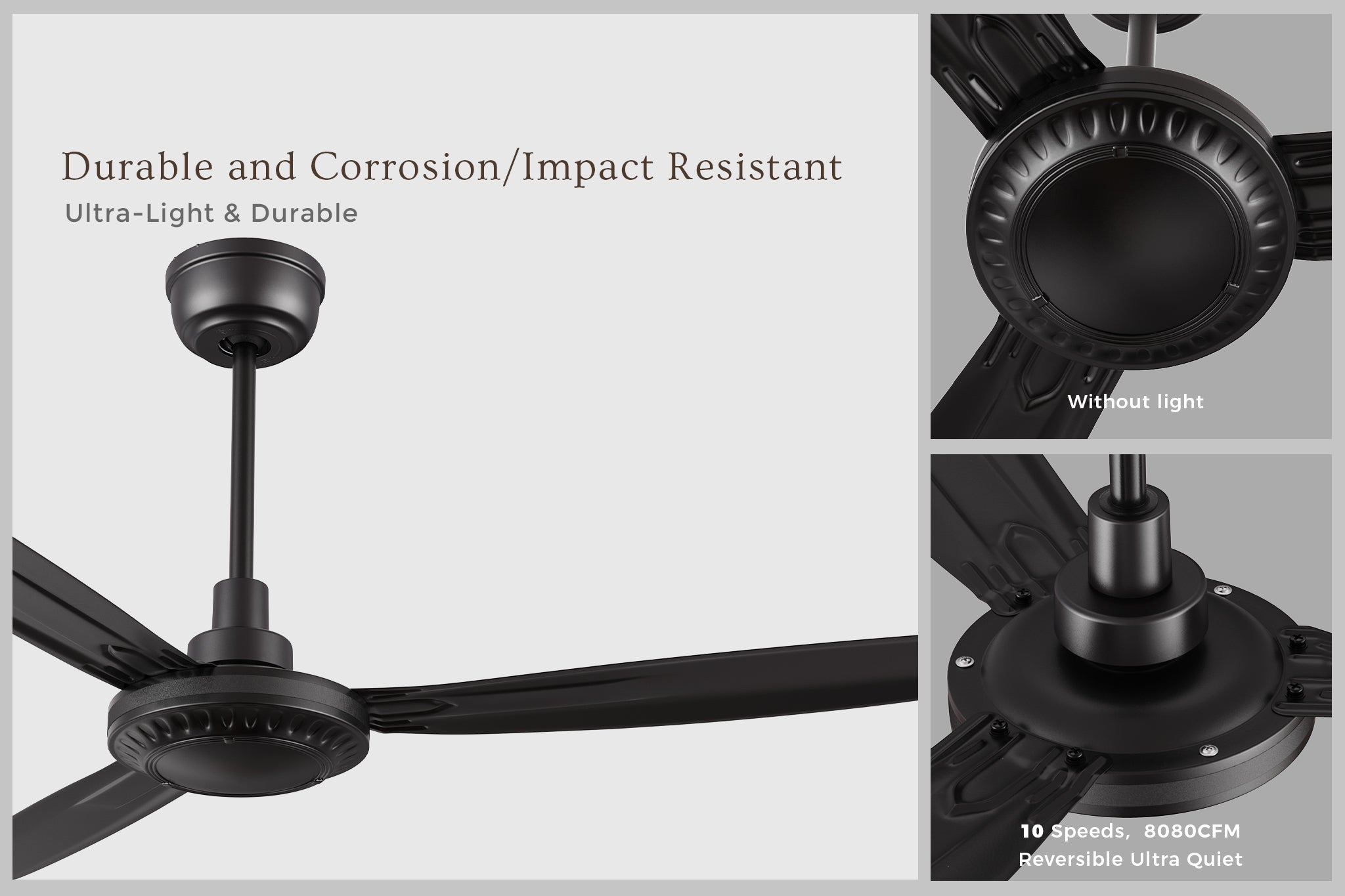 Alya black ceiling fan with 10-speed DC motor, high CFM output, and no light kit.  Industrial-style 3-blade design, corrosion and impact-resistant, ideal for large spaces needing powerful airflow.