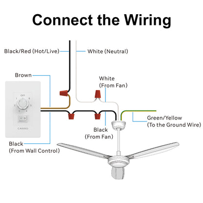 Wiring instructions for Alya 56-inch ceiling fan with wall switch control.  Includes a guide for connecting the DC motor for simple setup. 