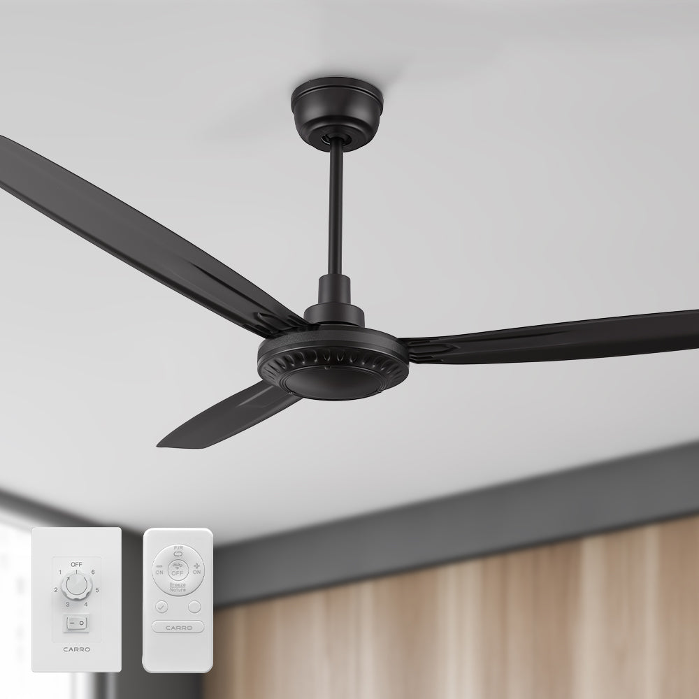 Alya 56-inch industrial-style black ceiling fan with remote and wall switch, equipped with a powerful DC motor and 3 blades for efficient cooling. 