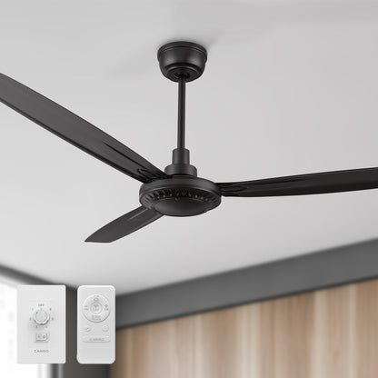 Alya 56-inch industrial-style black ceiling fan with remote and wall switch, equipped with a powerful DC motor and 3 blades for efficient cooling. 