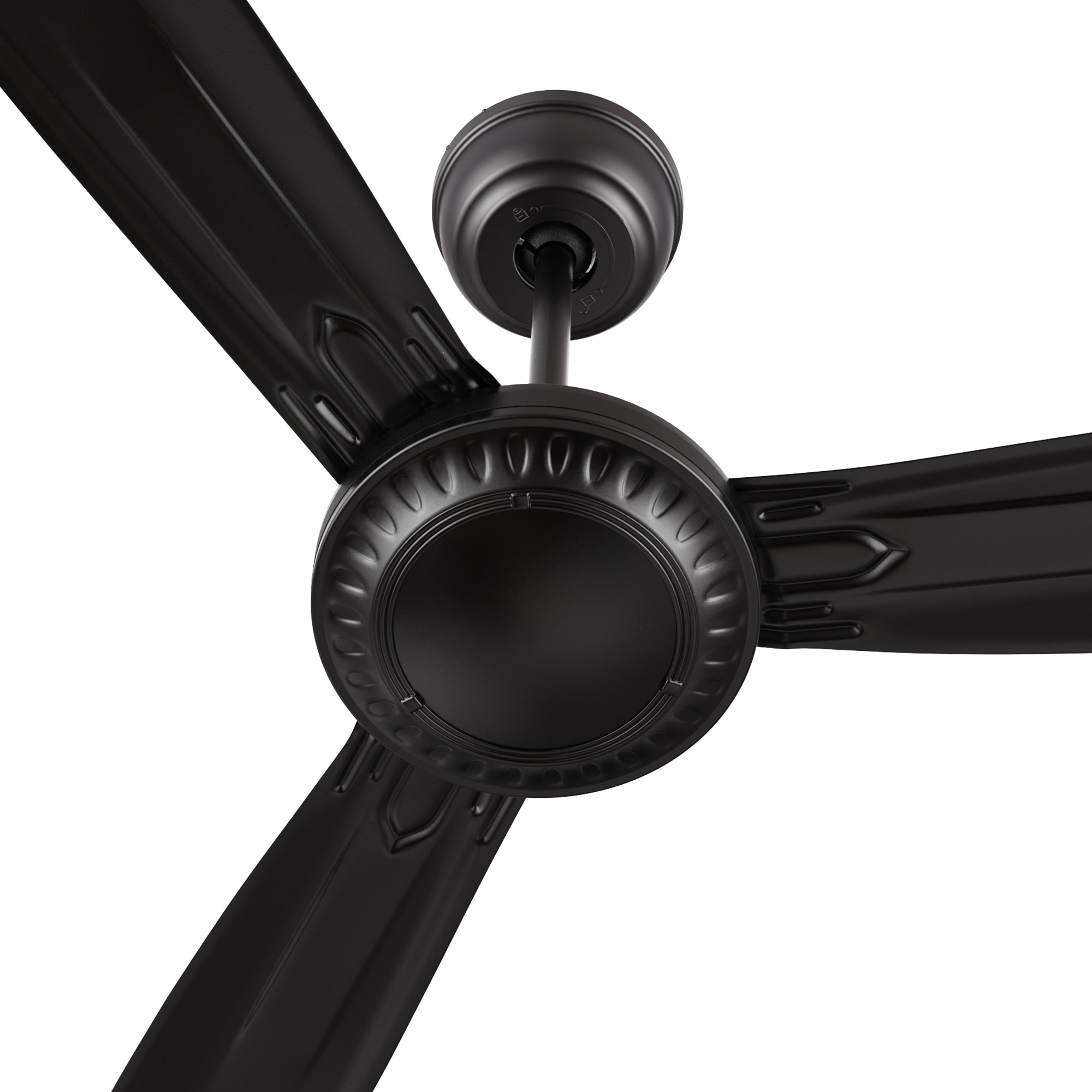 Close-up of Alya industrial-style black ceiling fan with remote and wall switch control. 56-inch model with a DC motor and 3-blade design. 