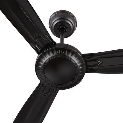 Close-up of Alya industrial-style black ceiling fan with remote and wall switch control. 56-inch model with a DC motor and 3-blade design. 