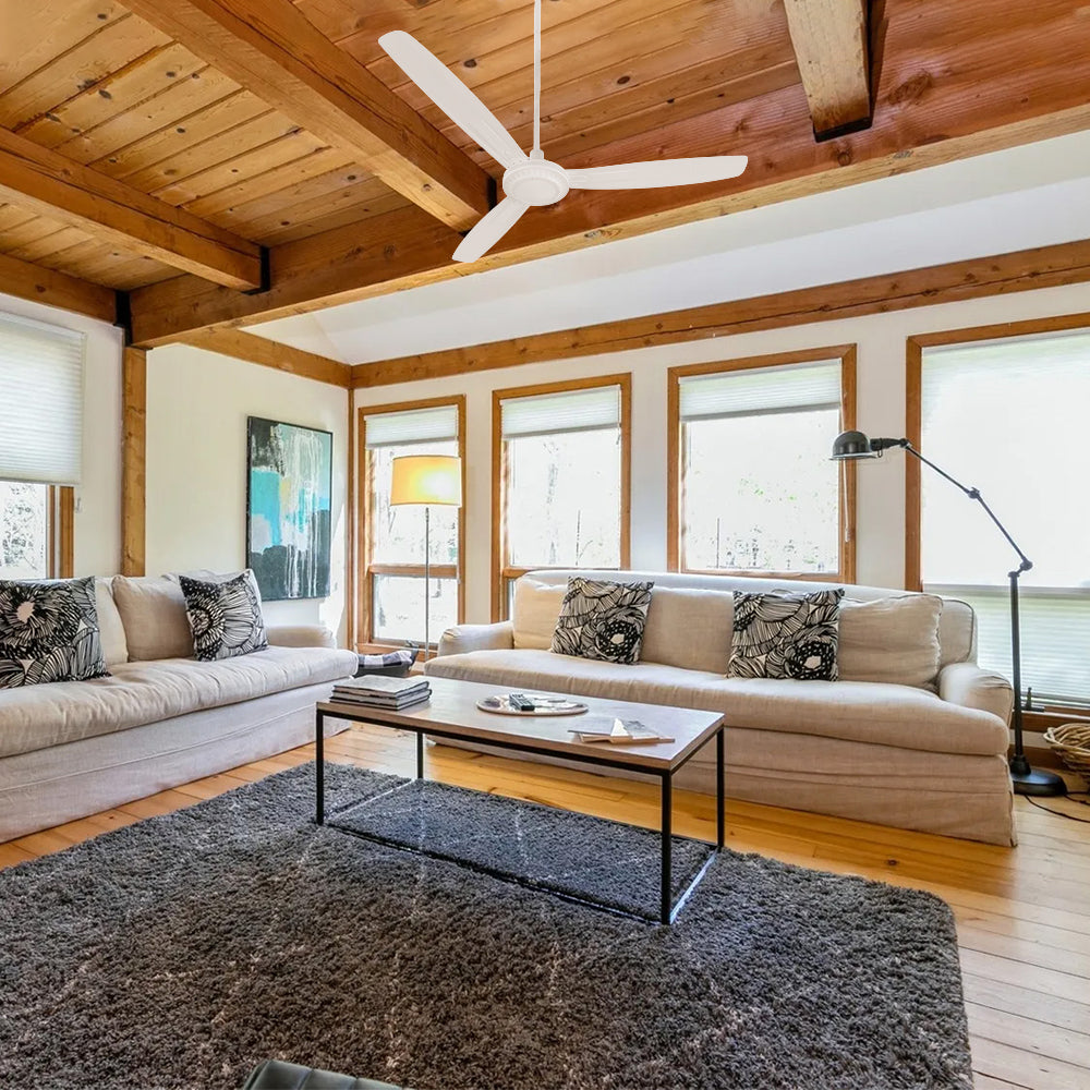 Alya industrial-style white ceiling fan with a quiet DC motor, displayed in a farmhouse living room. 56-inch model with 3 blades, remote, and wall switch control. 