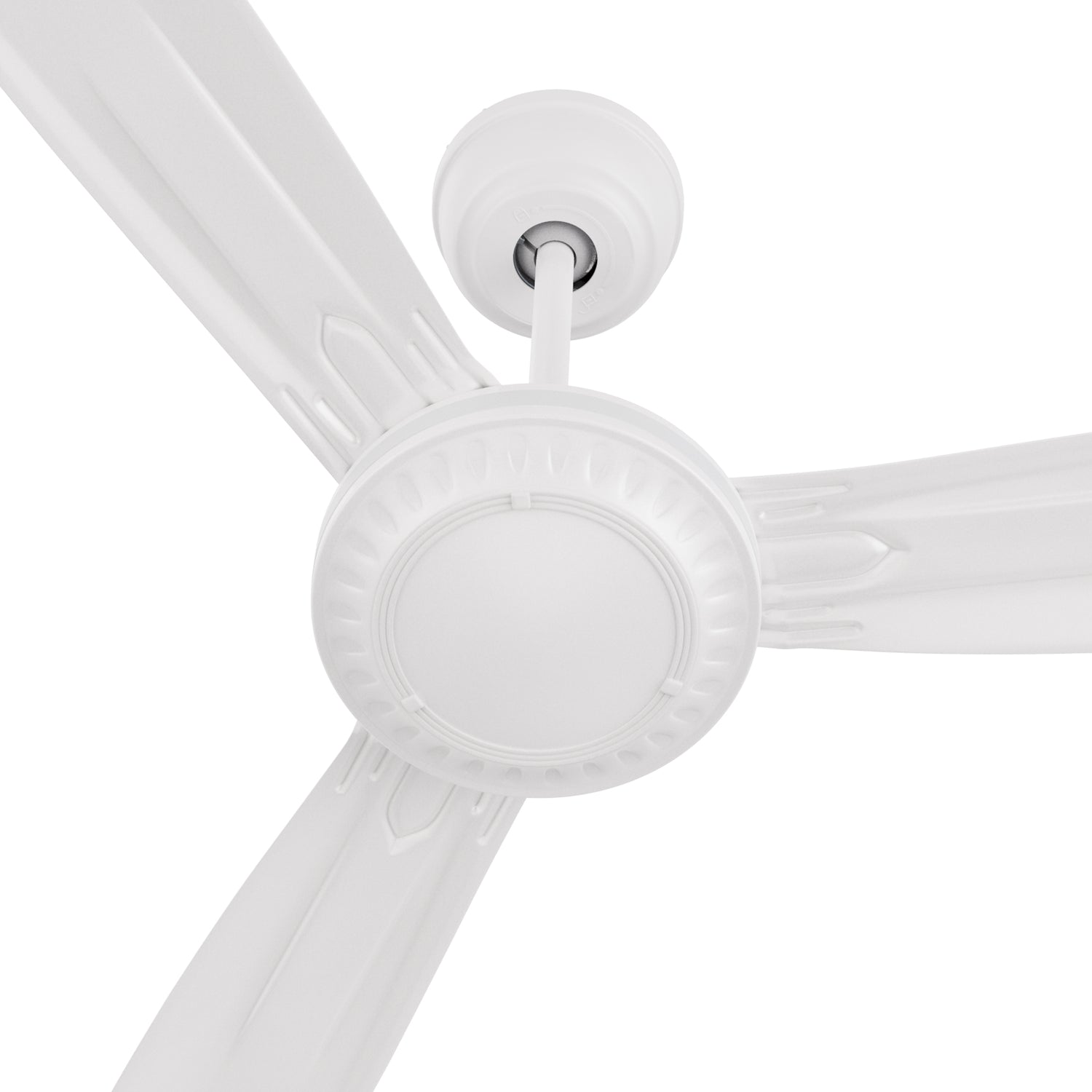 Close-up view of Alya industrial-style white ceiling fan without light. 