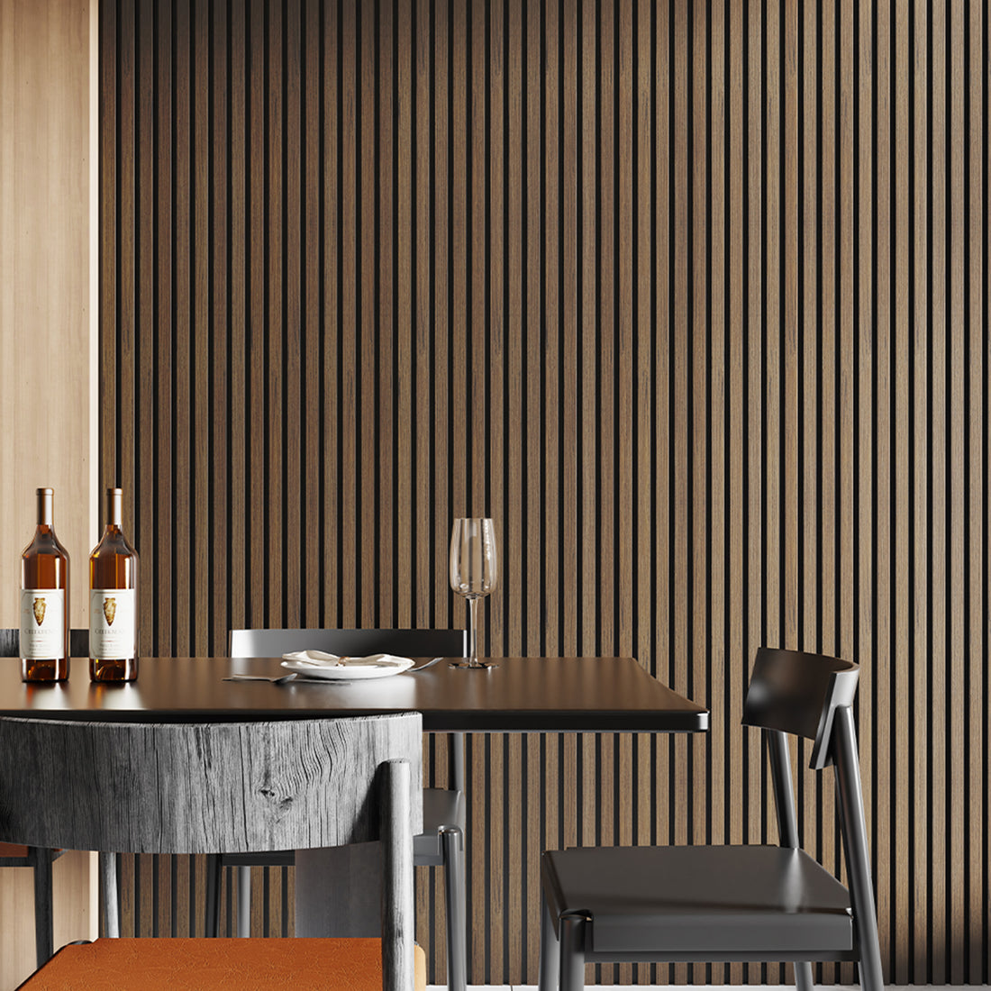 American Dark Walnut Acoustic Slat Wood Wall Panel used in a modern dining room with a sleek table, dark chairs, and a few wine bottles and glasses, offering a sophisticated atmosphere.