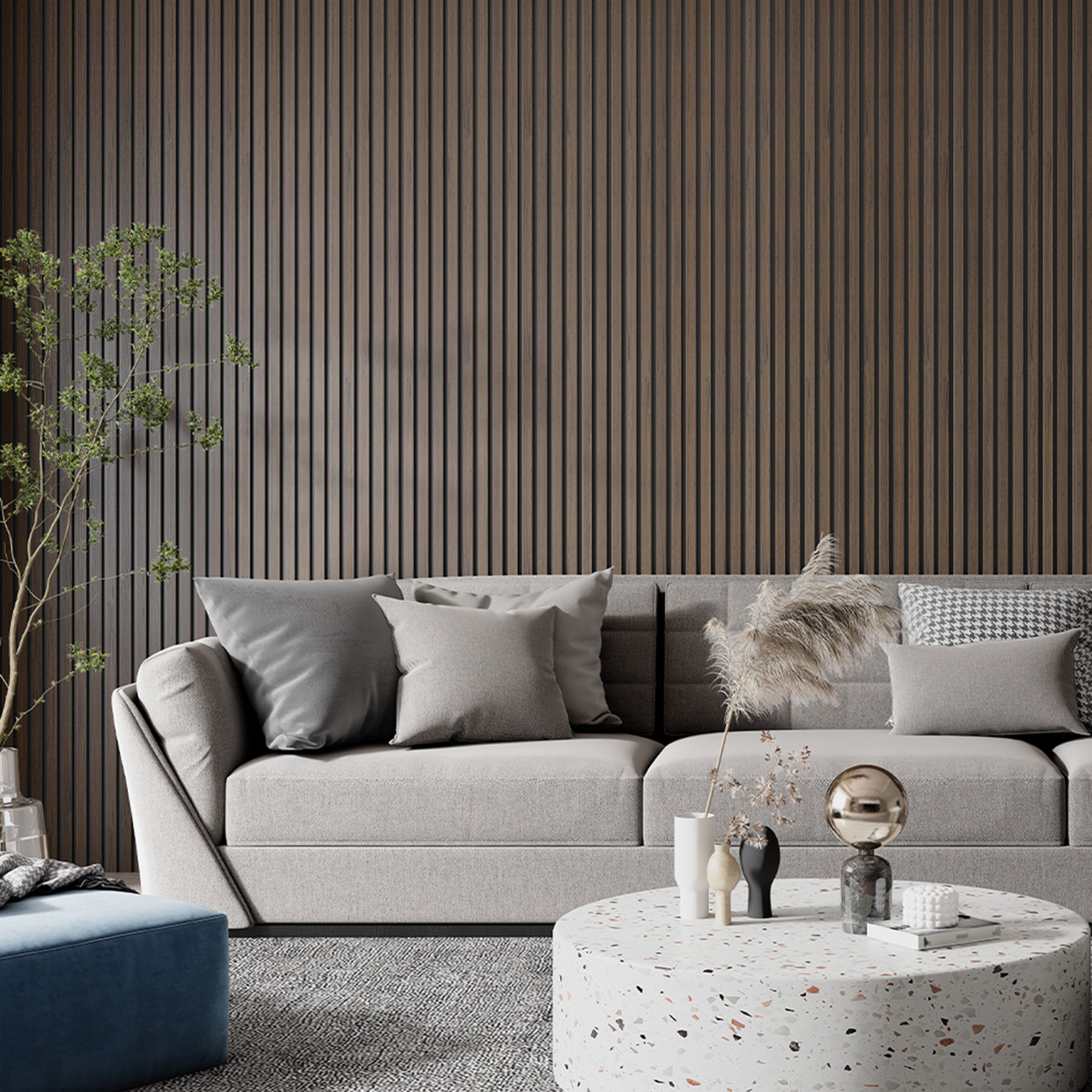 American Dark Walnut Acoustic Slat Wood Wall Panel featured behind a soft gray sofa with throw pillows and a modern round coffee table, giving the living room a stylish and contemporary look.
