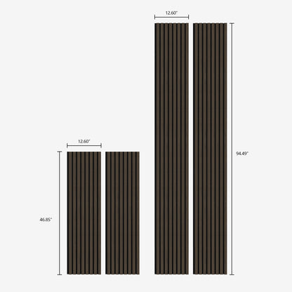 American dark walnut acoustic slat wood panels with black felt shown in various sizes, including precise measurements, ideal for diverse wall applications.