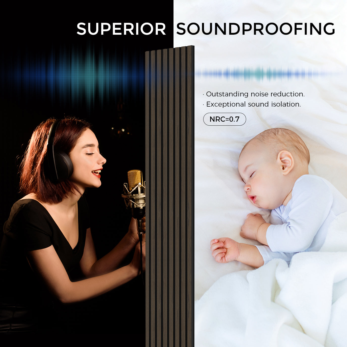 Acoustic panel demonstrating sound isolation and noise reduction. The left side shows a singer with headphones and a microphone, while the right side features a sleeping baby. A wooden slat panel in the center visually separates the two environments, highlighting its effectiveness in blocking noise.