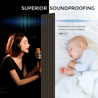 Acoustic panel demonstrating sound isolation and noise reduction. The left side shows a singer with headphones and a microphone, while the right side features a sleeping baby. A wooden slat panel in the center visually separates the two environments, highlighting its effectiveness in blocking noise.