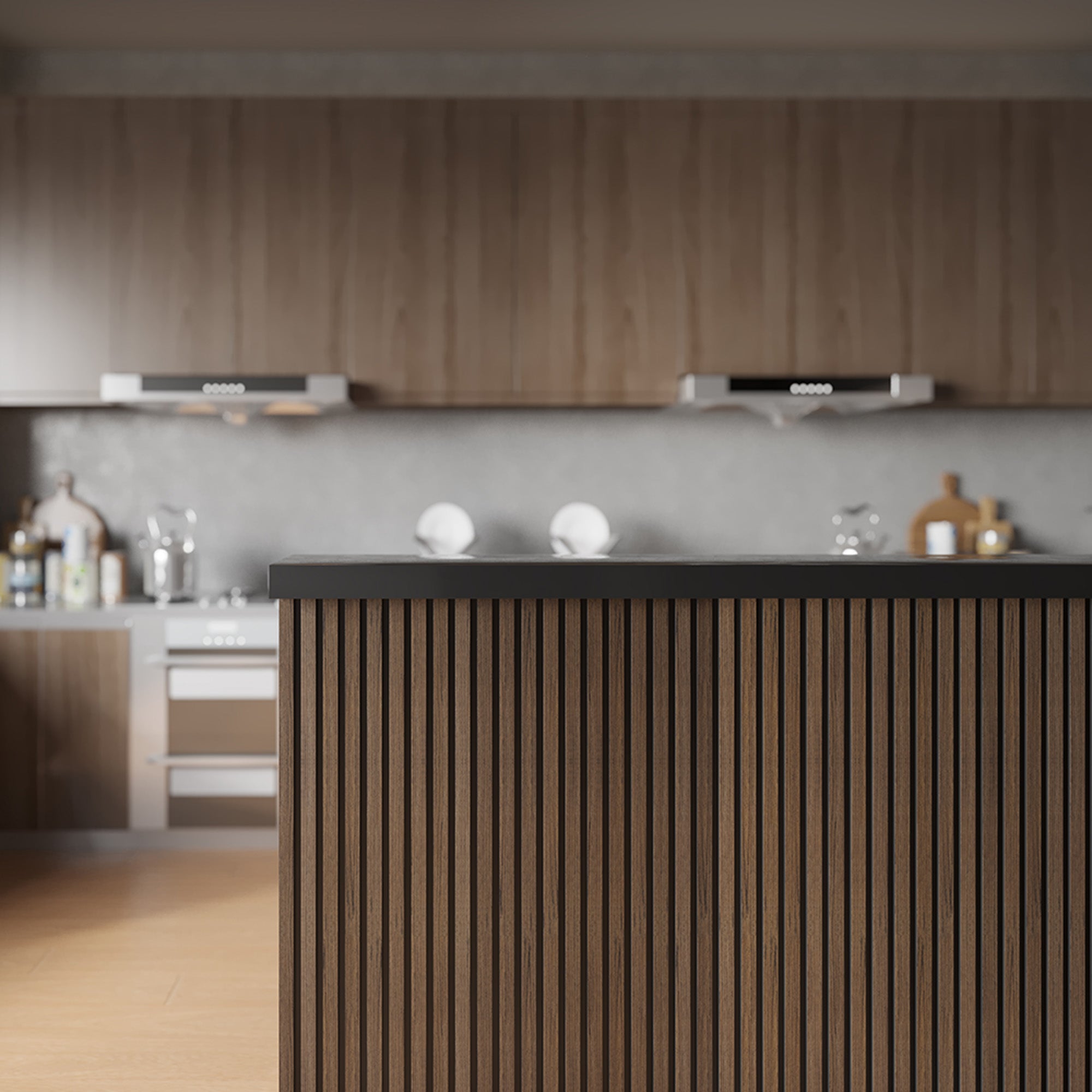 American Dark Walnut Acoustic Slat Wood Wall Panel used on the island and wall of a traditional-style kitchen with wood cabinetry, modern appliances, and warm lighting for a refined, elegant touch.