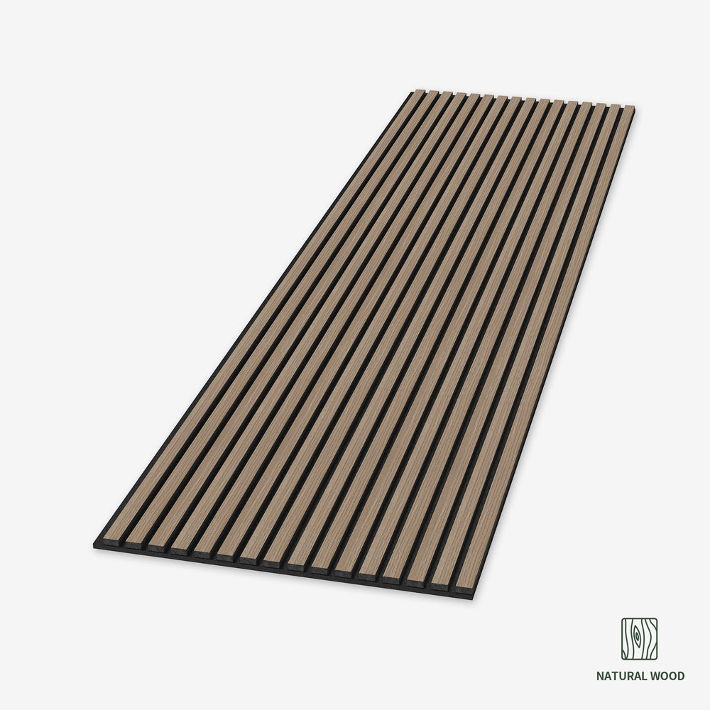 Close-up view of an American natural walnut acoustic slat wood panel with black felt backing, showcasing its walnut wood finish and soundproofing slat design.