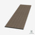 Close-up view of an American natural walnut acoustic slat wood panel with black felt backing, showcasing its walnut wood finish and soundproofing slat design.