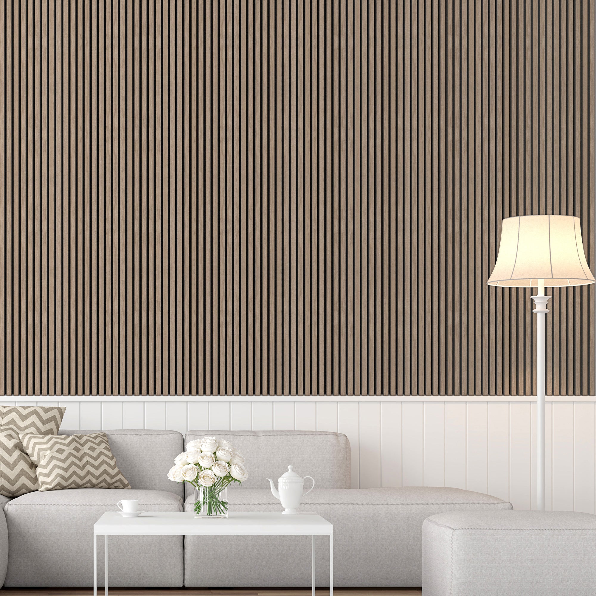 Elegant living room with walls adorned with American natural walnut acoustic slat wood panels with black felt, furnished with a beige sofa, coffee table, and a floor lamp, creating a stylish and quiet ambiance.