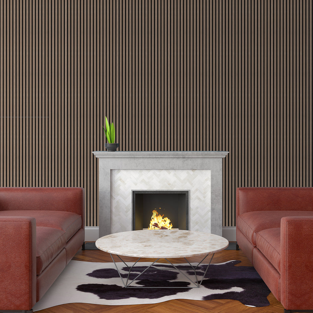 Cozy living room with a natural walnut acoustic slat wall panel in black felt finish, paired with a central fireplace. Enhances soundproofing and modern aesthetics.