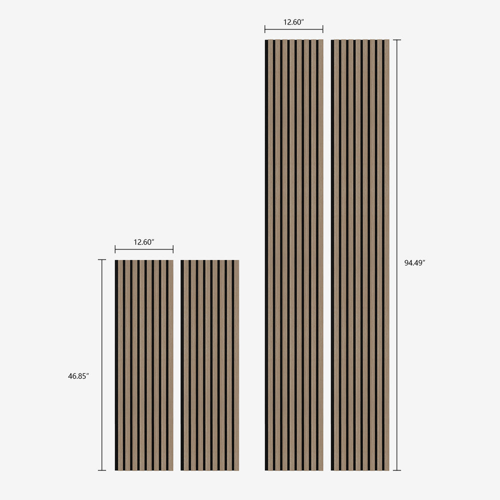 American natural walnut acoustic slat wood panels with black felt shown in various sizes, including precise measurements, ideal for diverse wall applications.