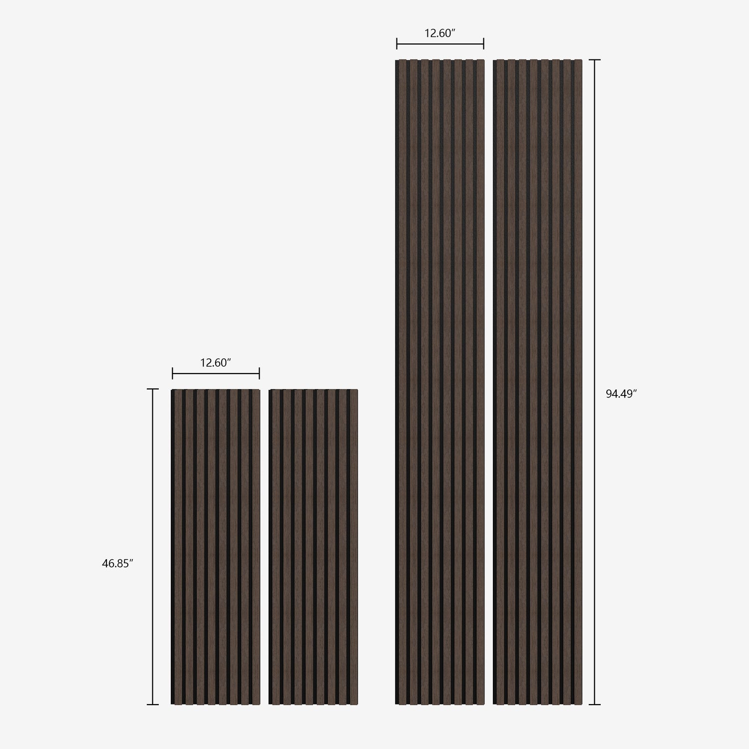 American smoked walnut acoustic slat wood panels with black felt shown in various sizes, including precise measurements, ideal for diverse wall applications.
