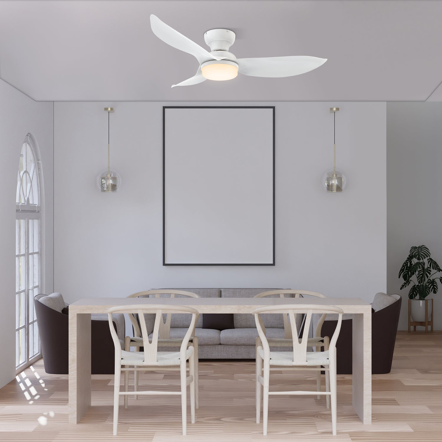 45 inch white flush mount ceiling fan with dimmable LED light and remote in modern living room. 