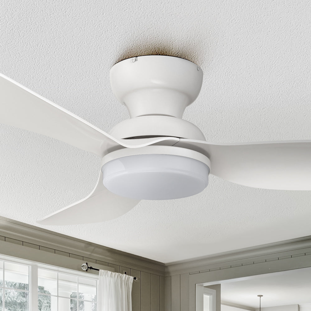 45 inch White low profile ceiling fan with dimmable LED light and remote.  