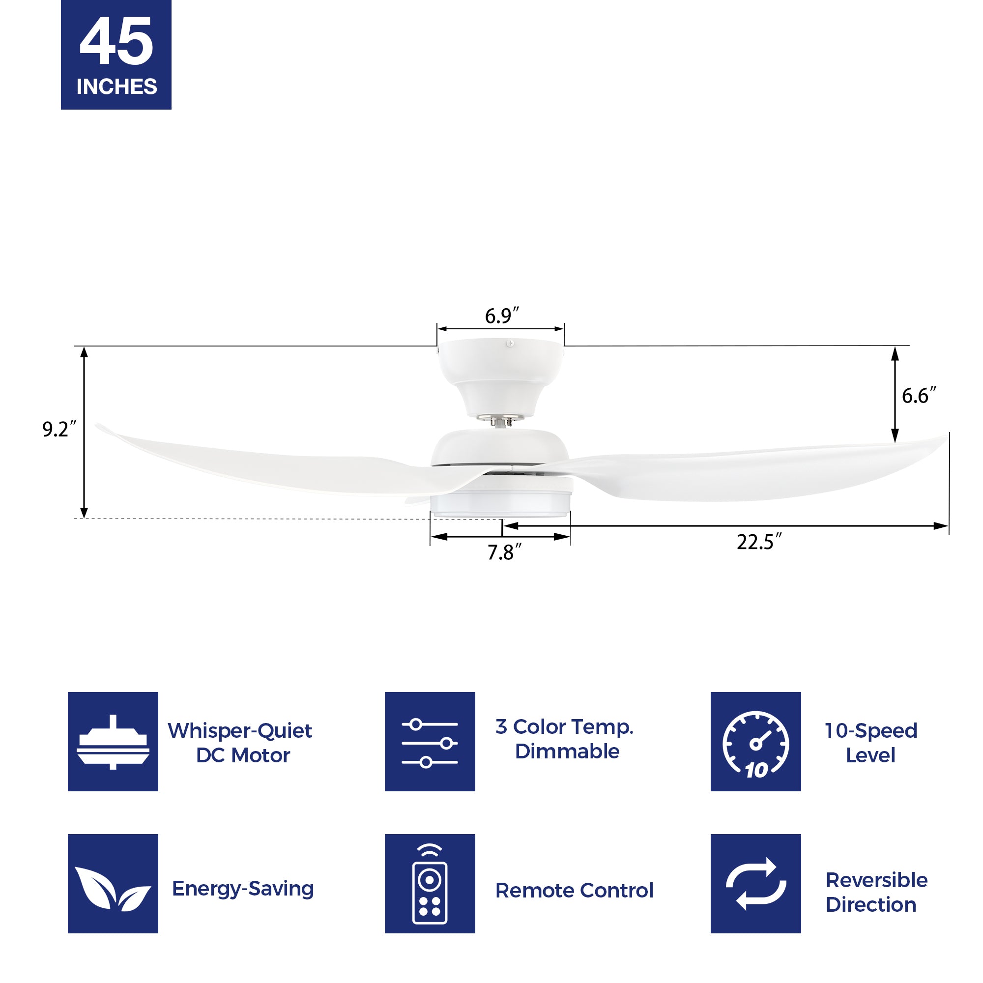 Enhance your space with a 45-inch low-profile white ceiling fan. Enjoy the convenience of a remote-controlled 10-speed adjustable DC motor, 3-color temperature dimmable light, and efficient 4400 CFM airflow. Experience whisper-quiet cooling with energy-efficient elegance. 