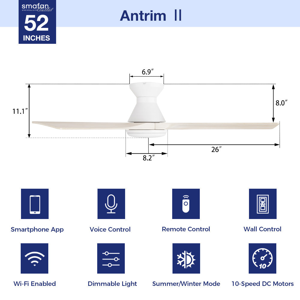 ALT Text:
White 52 inch flush mount wood ceiling fan with light dimensions graphic showing smartphone app, voice, remote, and wall control options with a 10-speed DC motor. 