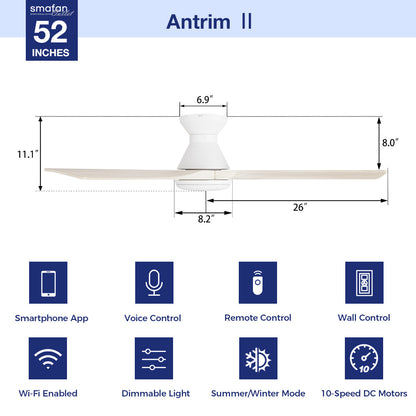 ALT Text:
White 52 inch flush mount wood ceiling fan with light dimensions graphic showing smartphone app, voice, remote, and wall control options with a 10-speed DC motor. 