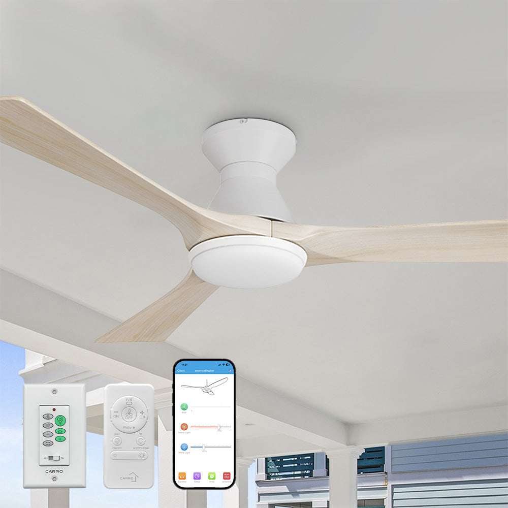 52 inch Antrim2 flush mount 3-blade wood ceiling fan with LED light fixture showing smart app, wall switch, and handheld remote control options on a modern coastal porch ceiling. 