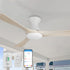 52 inch Antrim2 flush mount 3-blade wood ceiling fan with LED light fixture showing smart app, wall switch, and handheld remote control options on a modern coastal porch ceiling. 