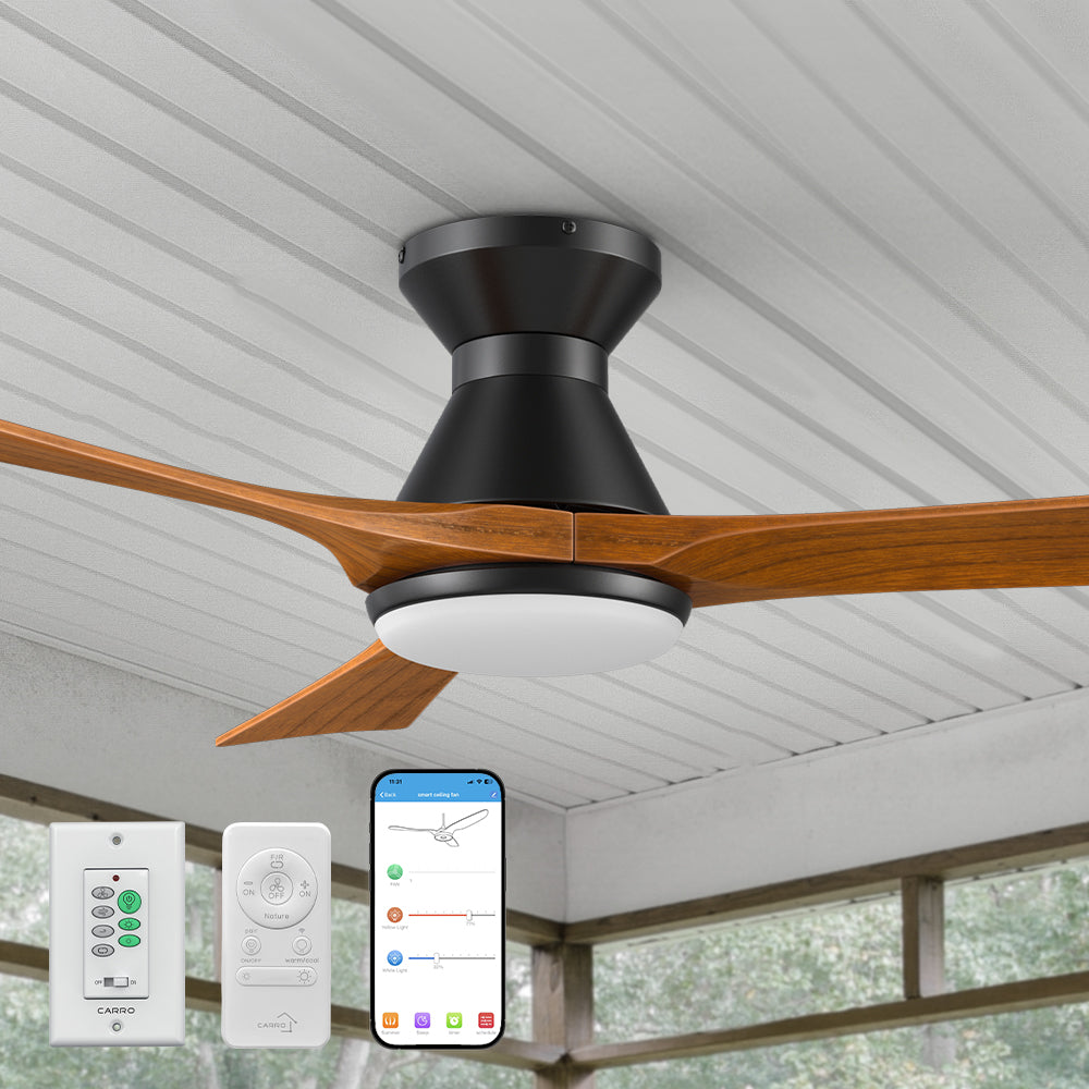Carro Antrim 52 inch smart ceiling fan with light, remote, and wall switch, designs with black finish, use elegant solid wood blades and has an integrated 4000K LED daylight. 