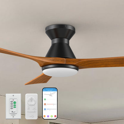 Carro Antrim 52 inch smart ceiling fan with light, remote, and wall switch, designs with black finish, use elegant solid wood blades and has an integrated 4000K LED daylight. 