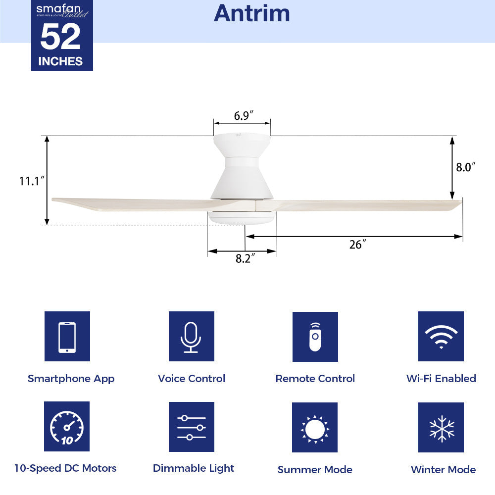 White 52 inch flush mount wood ceiling fan with light dimensions graphic highlighting smart app, voice, and remote control options with a 10-speed DC motor. 