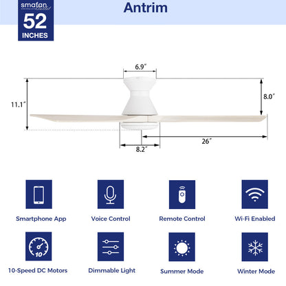 White 52 inch flush mount wood ceiling fan with light dimensions graphic highlighting smart app, voice, and remote control options with a 10-speed DC motor. 