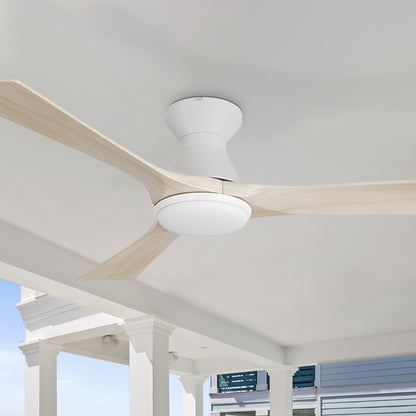 52 inch 3-blade flush mount wood ceiling fan in white with light installed on a modern outdoor porch ceiling. 