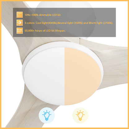 White flush mount LED lighting ceiling fan with 3 light wood grain blades and dimmable 3-color LED kit from 2700K to 4000K. 