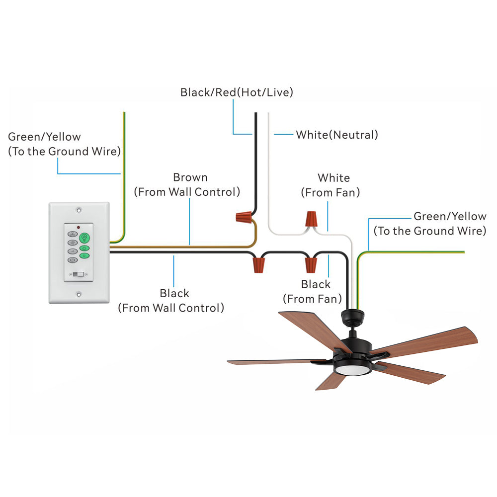 Illustration of a wiring diagram for ceiling fan with light, showing the connection of wires from the wall switch control and ceiling fan. The image shows the connection of various wires: Black/Red (Hot/Live), White (Neutral), Green/Yellow (Ground), and Black/Brown wires from the wall control and ceiling fan. It includes 56 inch LED lighting ceiling fan with 5 blades, a wall control switch with multiple buttons, and detailed wiring instructions for proper installation. 