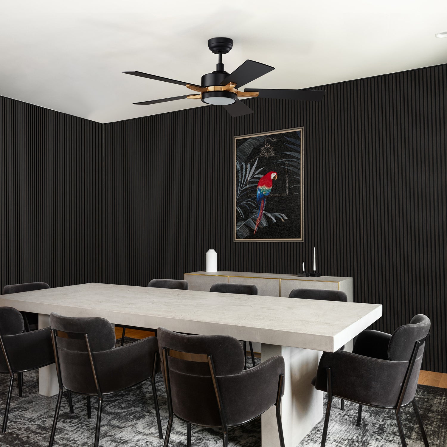 Dining space showcasing 52 inch Apex black ceiling fan with LED light and smart, paired with black acoustic wall panels and minimalist wall art. Perfect for modern, quiet dining areas.