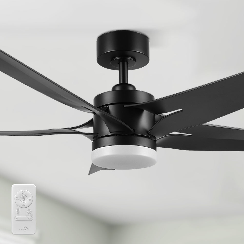 Close-up of the Araceli 52-inch DC ceiling fan with integrated LED light and remote control, showcasing its modern design. 