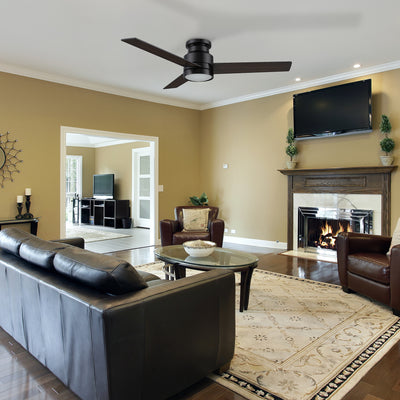 52 inch low profile ceiling fan with LED light well matches to the black sofa in modern living room.#color_black