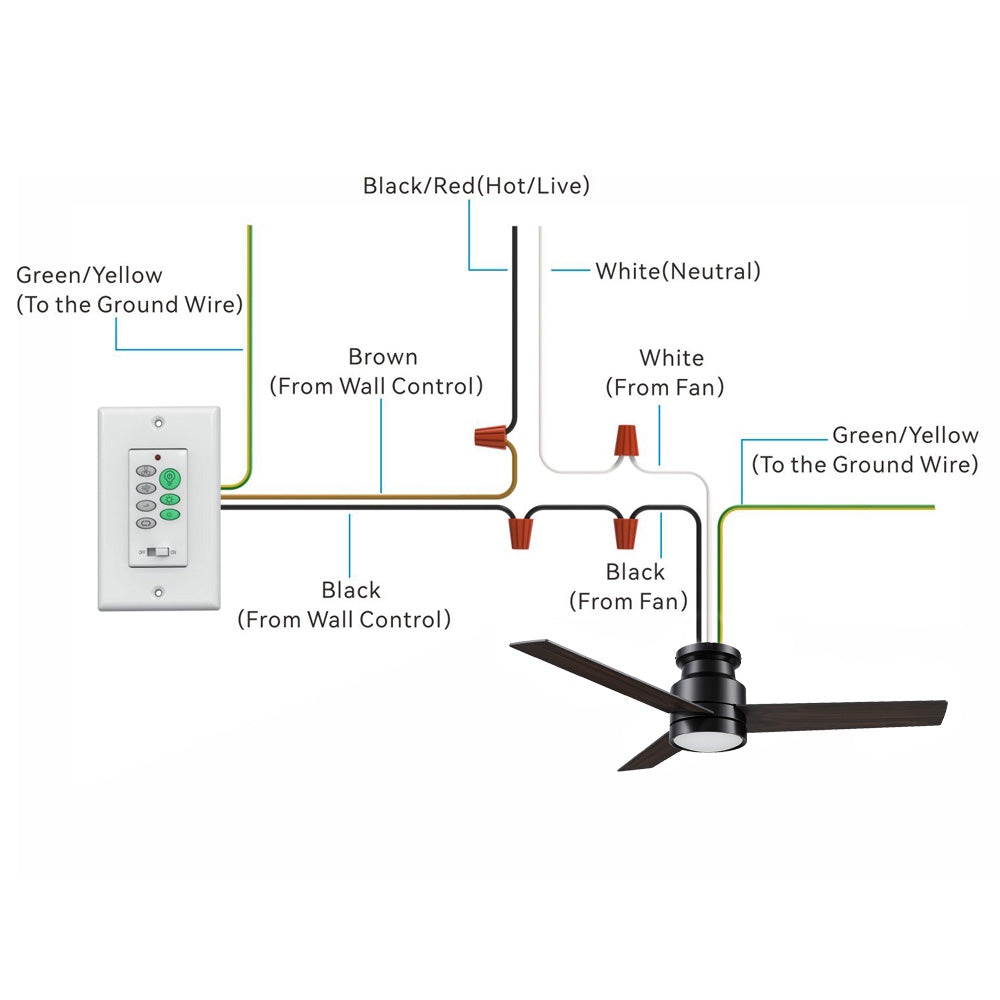 Illustration of a wiring diagram for ceiling fan with light, showing the connection of wires from the wall switch control and ceiling fan. The image shows the connection of various wires: Black/Red (Hot/Live), White (Neutral), Green/Yellow (Ground), and Black/Brown wires from the wall control and ceiling fan. It includes 52 inch low profile black ceiling fan with 3 blades, a wall control switch with multiple buttons, and detailed wiring instructions for proper installation. 
