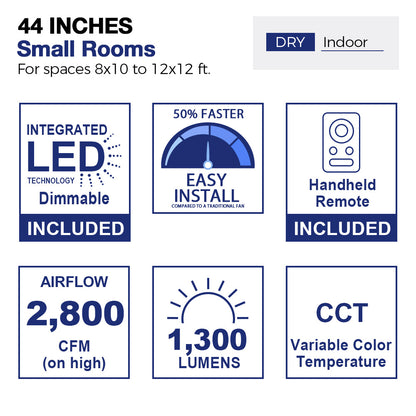 Diagram of a 44-inch ceiling fan designed for small indoor rooms measuring 8x10 to 12x12 feet, specifically for dry environments.  The image illustrates a stylized living room layout with furniture, showcasing the fan&