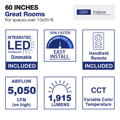 Diagram of a 60-inch ceiling fan designed for great indoor rooms measuring over 10x30 feet, specifically for dry environments.  The image illustrates a stylized living room layout with furniture, showcasing the fan&