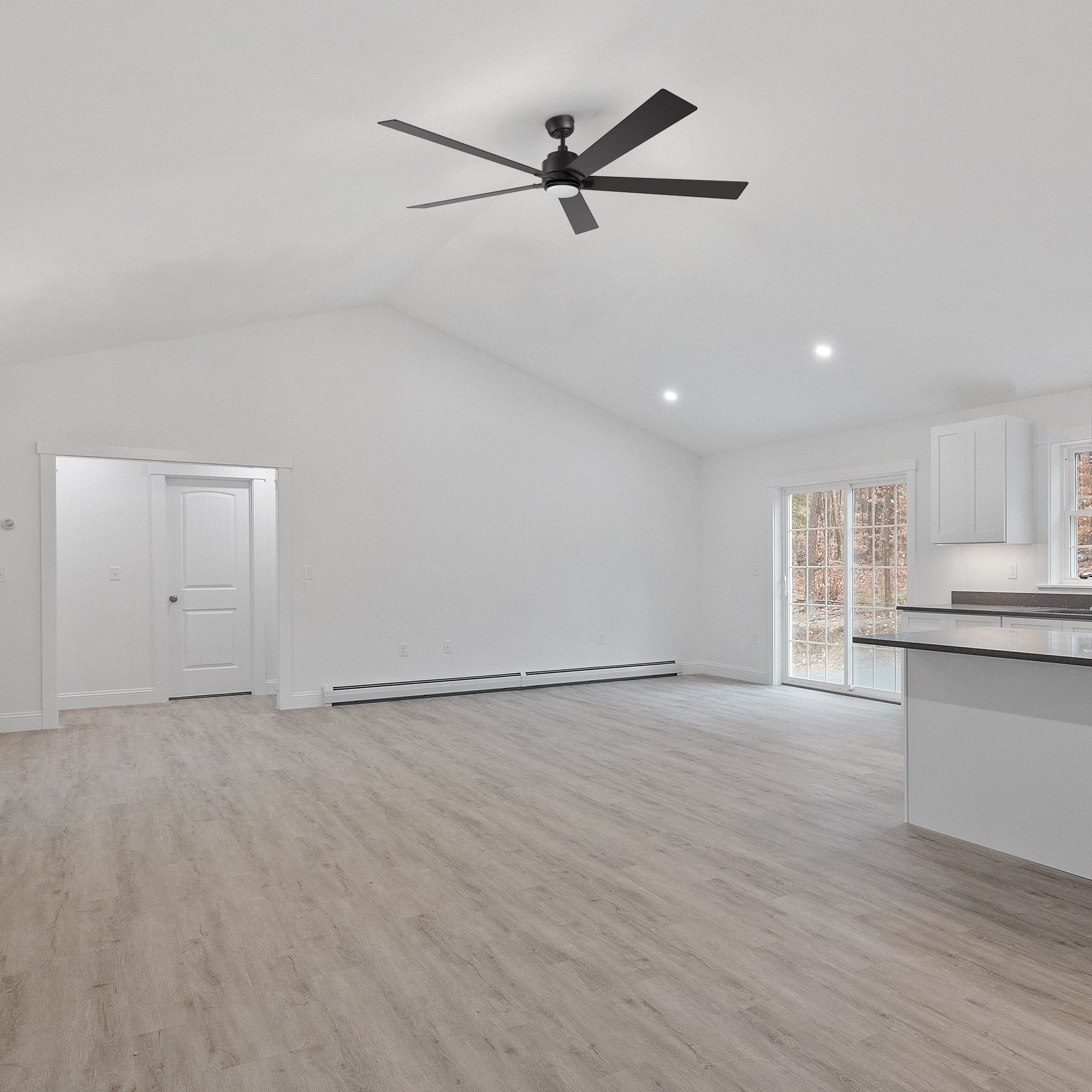 Aspen Smart Ceiling Fan with LED Light Remote, 70 inch, installed in a spacious, clean, and great room with minimalist decor. 