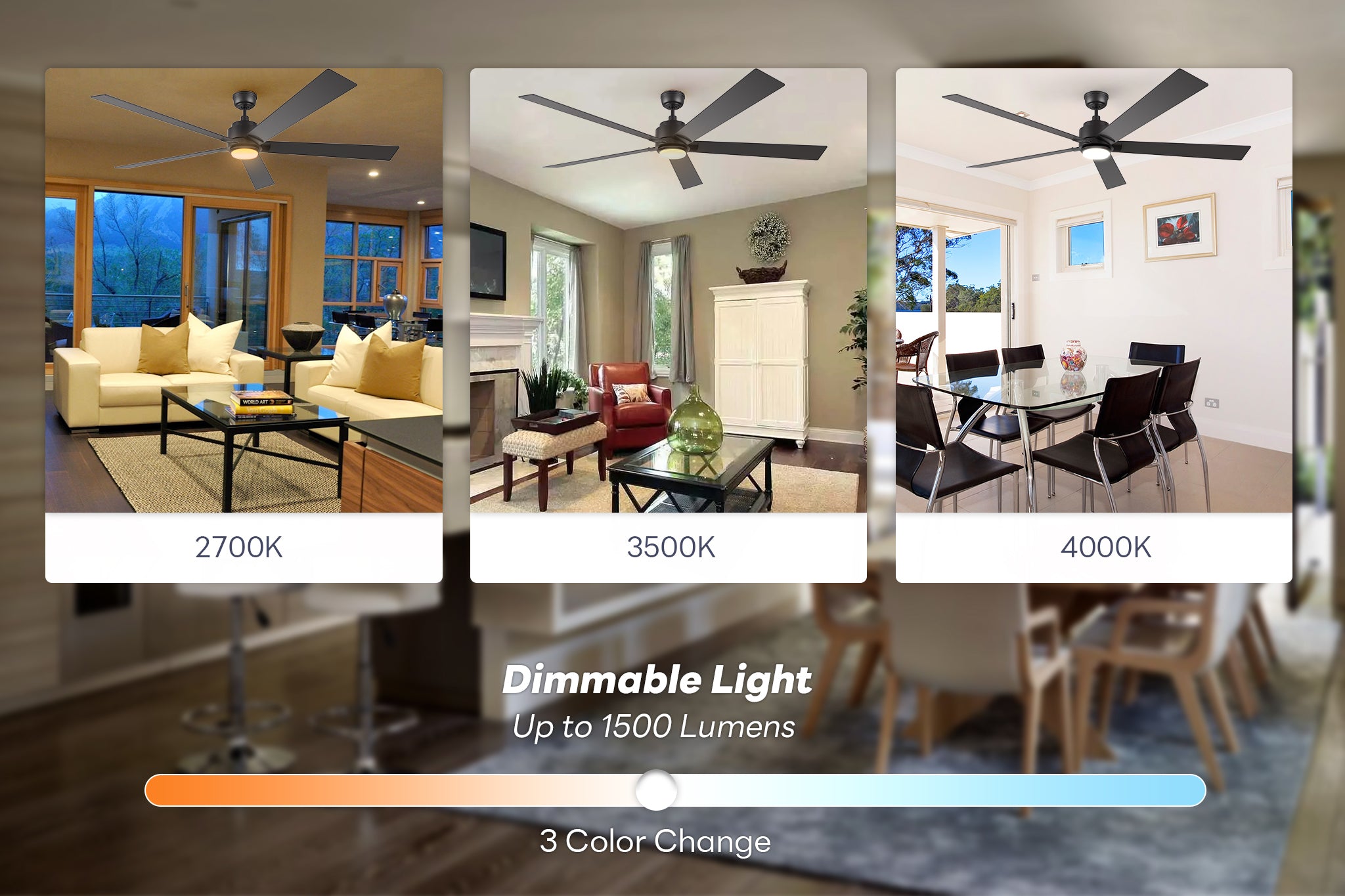 Aspen Smart Ceiling Fan with dimmable LED Light, 70 inch, shown in three different settings with varying light temperatures from 2700K to 4000K, installed in a cozy living room, dining room, and kitchen. 